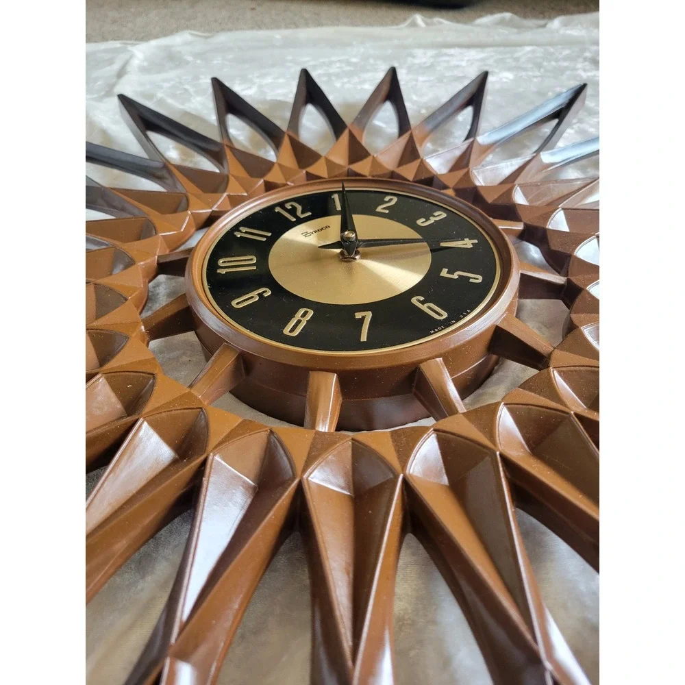 Vtg 1963 Syroco Sunburst Wall Clock Mid Century Modern Brown Starburst Atomic